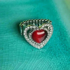 Silver tone red heart clear rhinestones fashion ring size 9 to 10